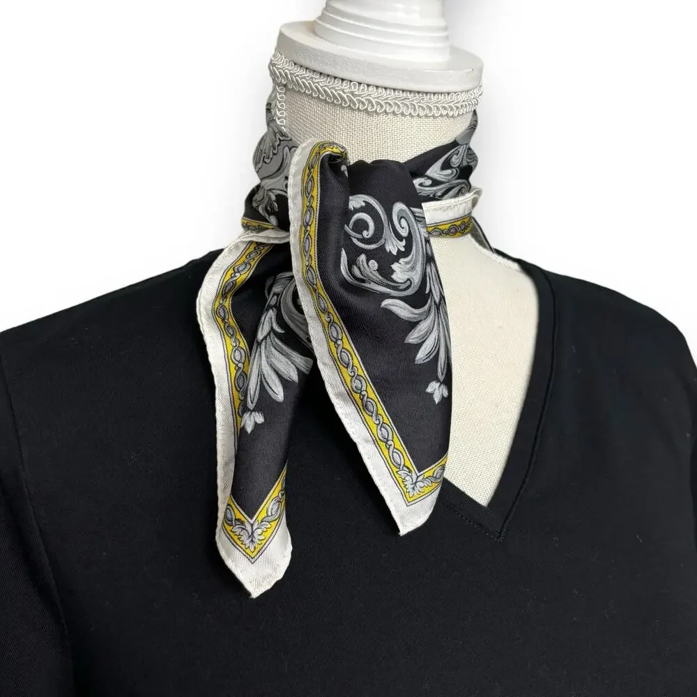 Ann Taylor Black and Gray Square Silk Scarf with Gold Trim